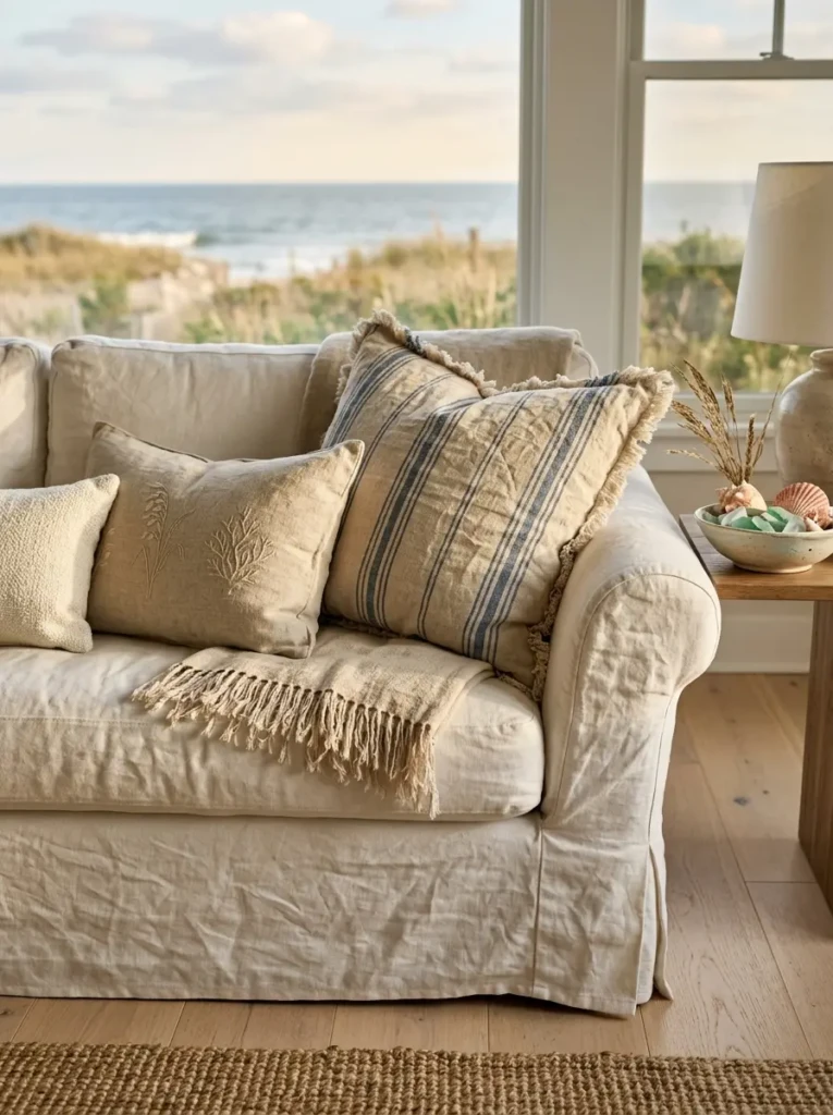 Close-up of linen pillows, slipcovered furniture, and soft neutral fabrics in an elegant coastal beach living room.