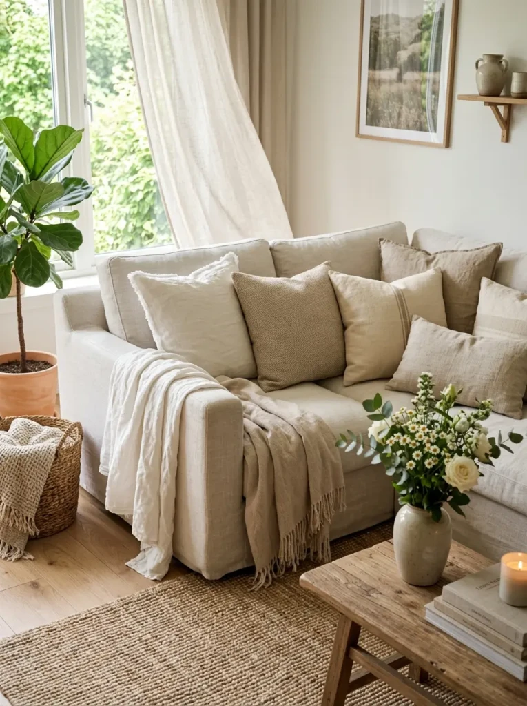 Linen cushions and throws in neutral tones styled throughout a bright living room.