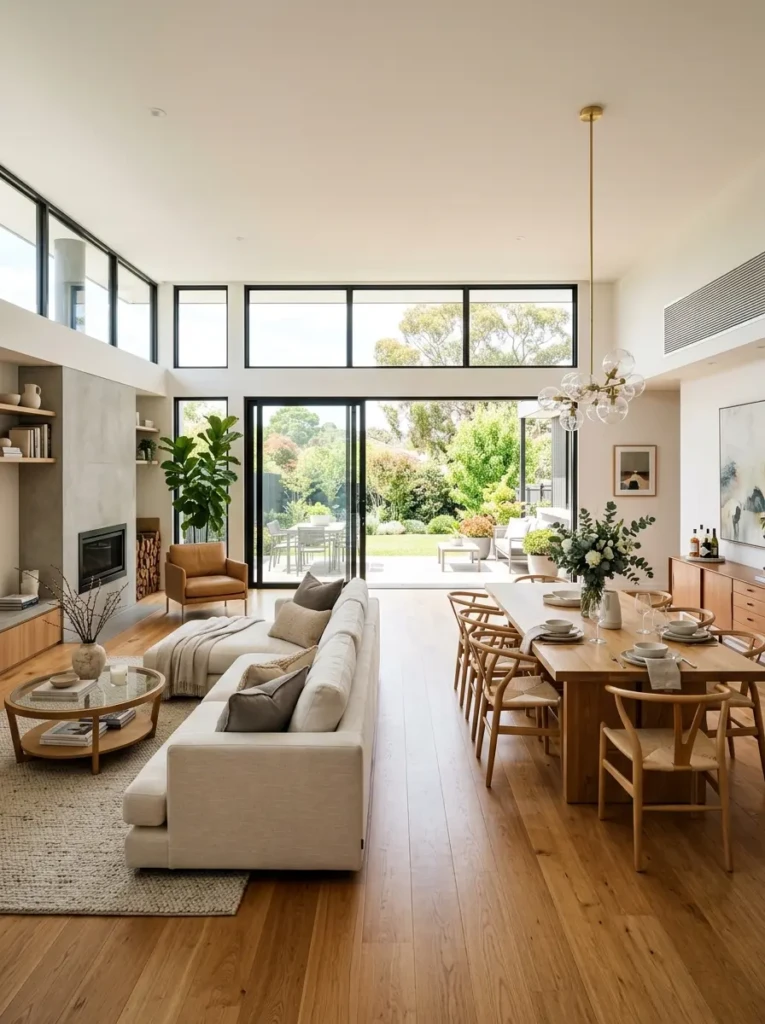 Console table and rug defining living and dining areas without closing the space.