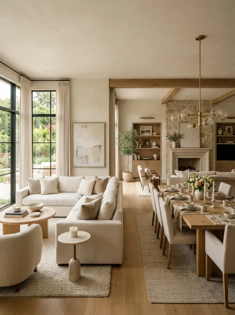 Elegant open-concept living and dining room with a cozy sofa and stylish dining table in one shared space.
