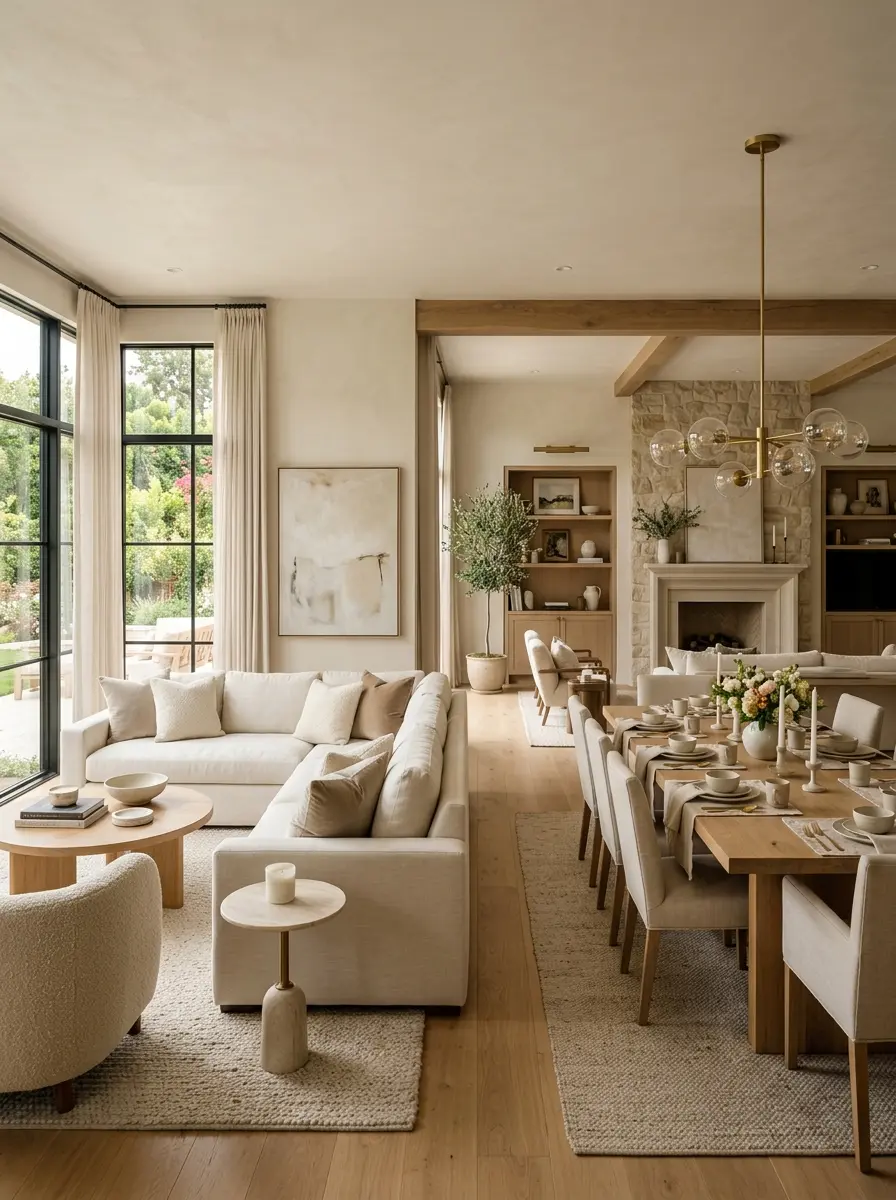 Elegant open-concept living and dining room with a cozy sofa and stylish dining table in one shared space.