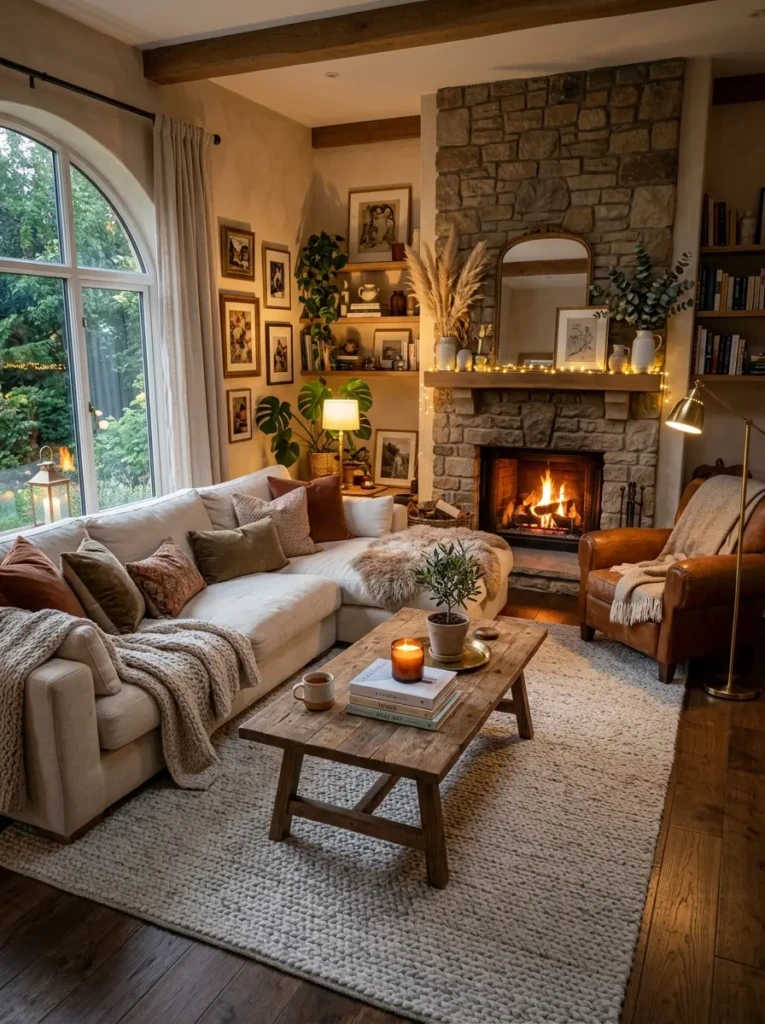 Dreamy cozy living room with soft furnishings, warm glow, and timeless interior styling.