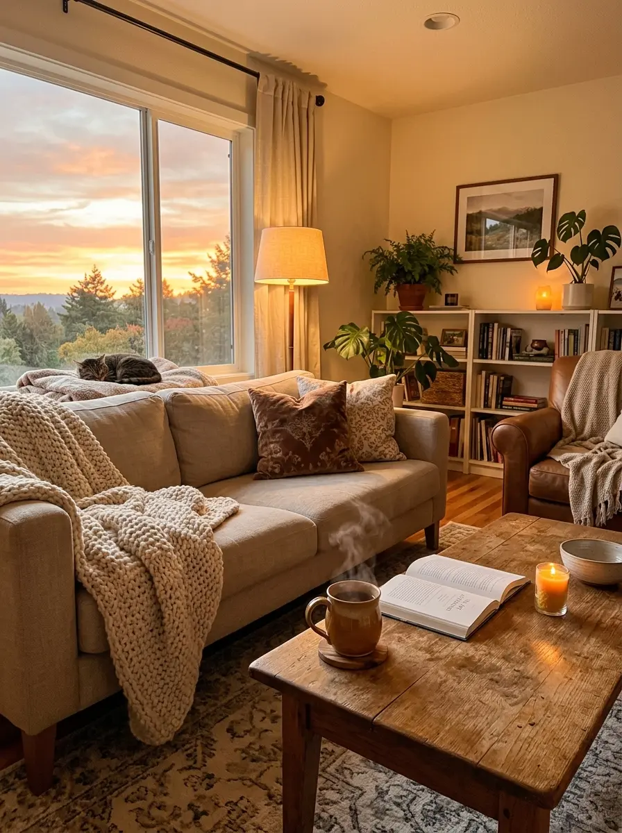 A relaxing living room with a comfortable sofa, tea on a coffee table, and warm ambient lighting.