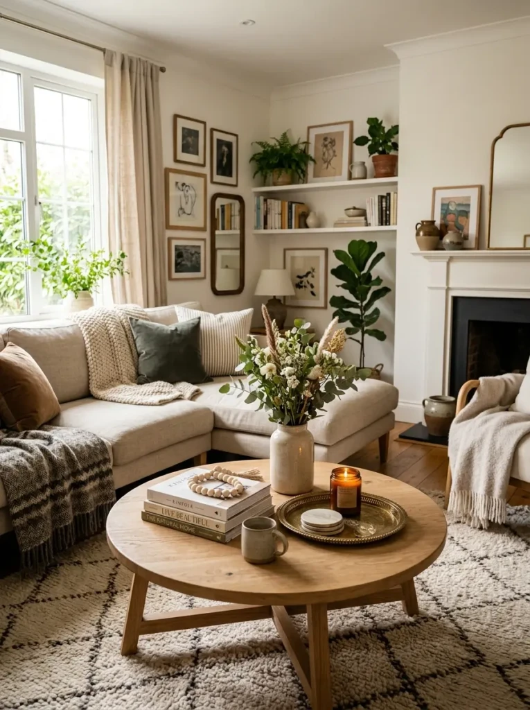 Charming living room centered around a perfectly styled coffee table with cozy decor.