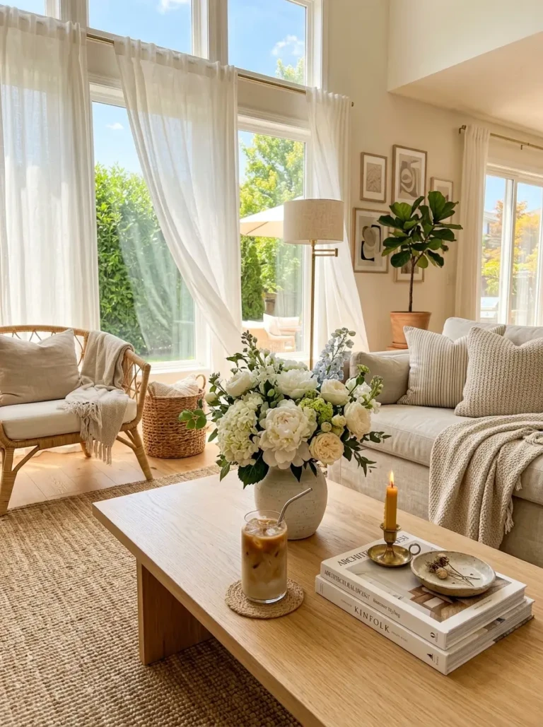 Sunlit living room with a beautifully styled summer coffee table, fresh flowers, and airy decor.