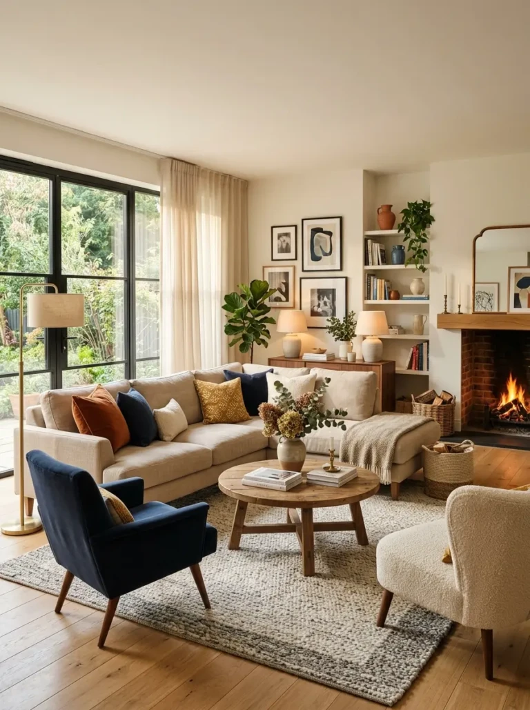 Beautiful living room featuring harmonious color palettes, cozy furnishings, natural light, and inviting decor creating a warm and stylish atmosphere.