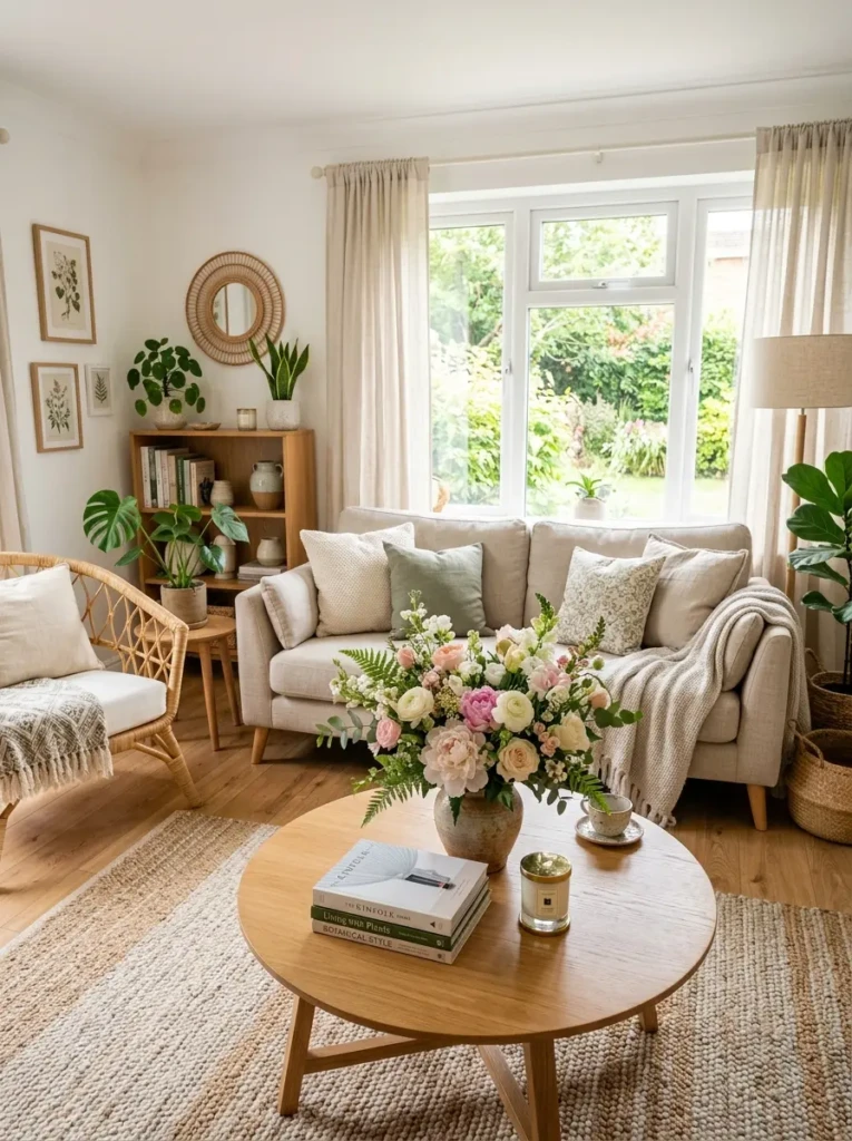 Bright living room with fresh flowers creating a welcoming coffee table centerpiece.