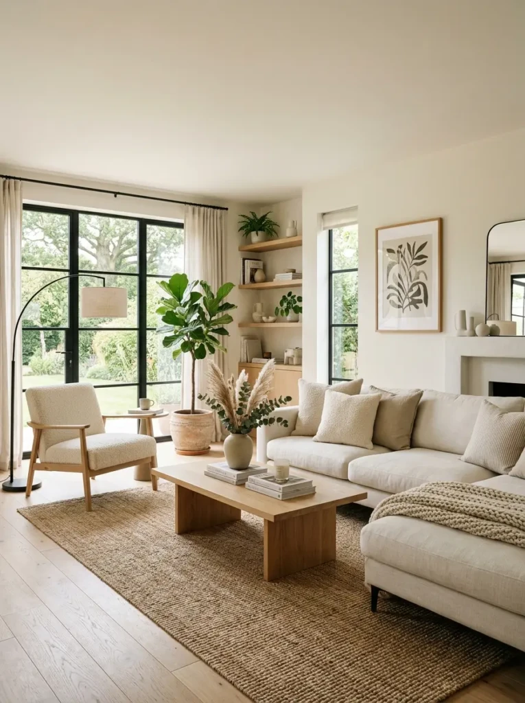 Peaceful living room with neutral decor, open layout, and comfortable furnishings.