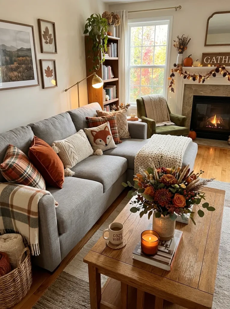 Living room featuring interchangeable pillows, flowers, and seasonal textures.