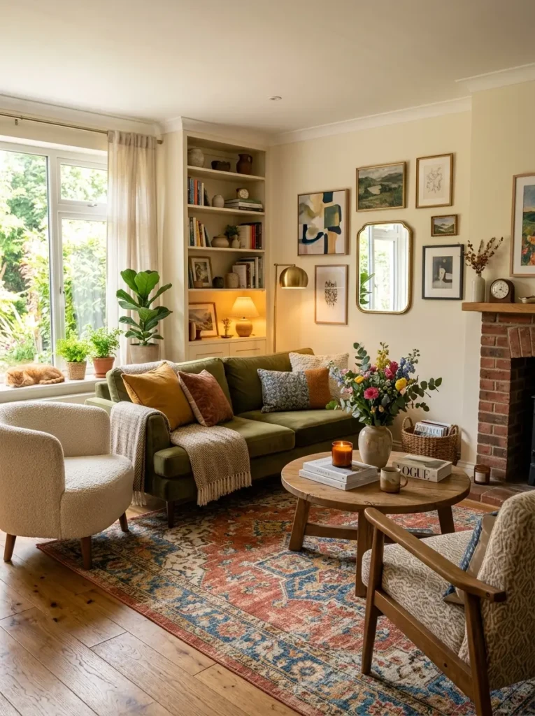 Stunning colorful aesthetic living room with warm lighting, layered decor, and inviting ambiance.