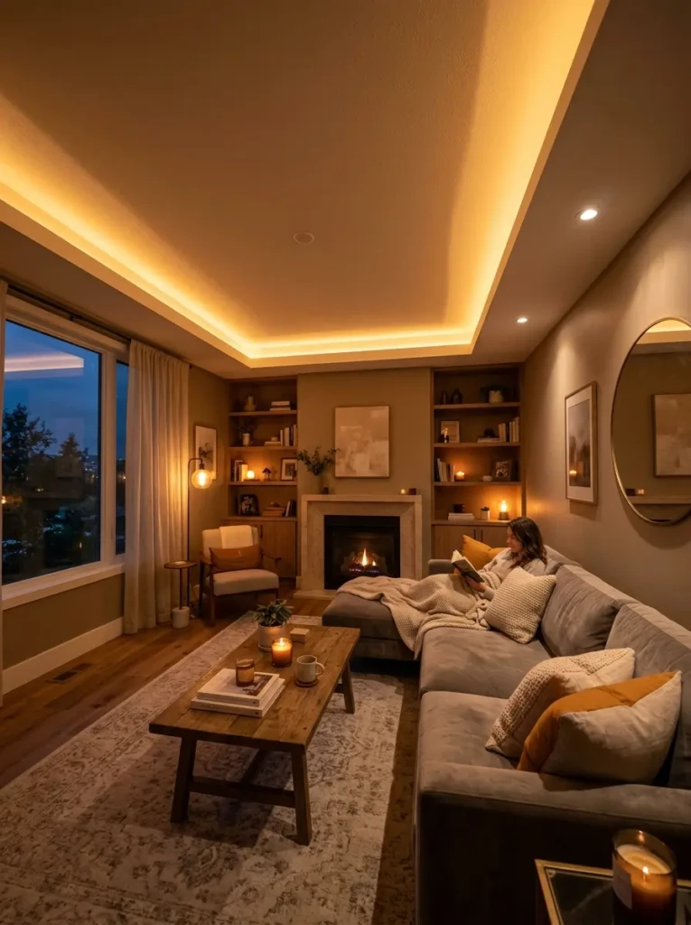 Living room with hidden LED lighting creating a relaxing and inviting atmosphere.