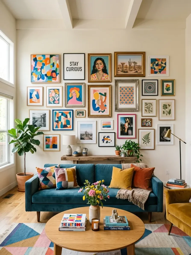 Stylish living room featuring a mix of colorful framed artwork and decorative wall displays.