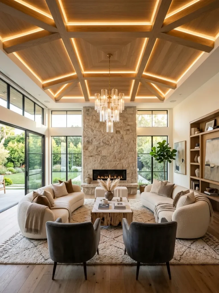 Elegant living room featuring a stunning ceiling design with warm lighting and cozy modern décor.