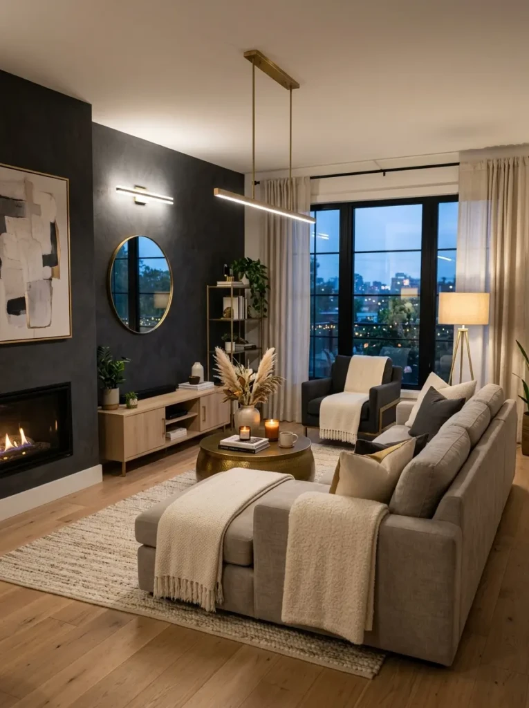 Contemporary living room with charcoal accent wall, greige furniture, brass details, soft textiles, and warm lighting for a cozy atmosphere.