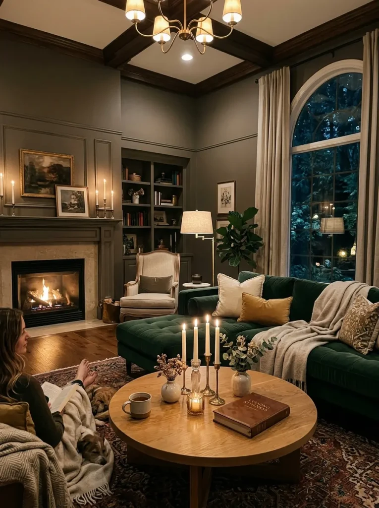 Cozy living room featuring a candlelit round coffee table arrangement.