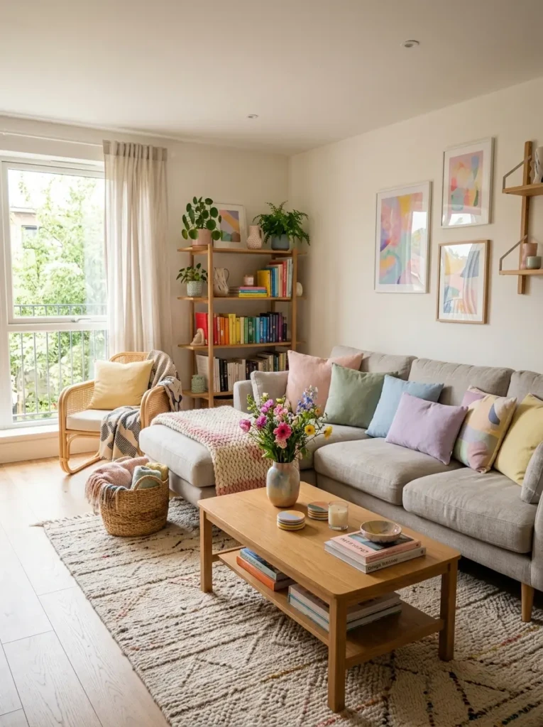 Neutral living room layered with colorful decor pieces and balanced pastel accents.
