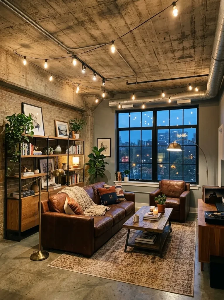 Concrete ceiling paired with wood furniture and warm lighting in a stylish loft.