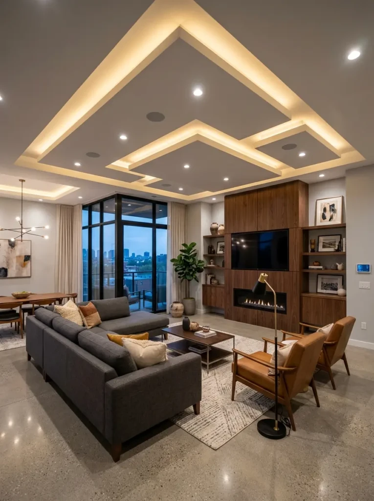 Stylish floating ceiling design using gypsum panels and clean modern materials.