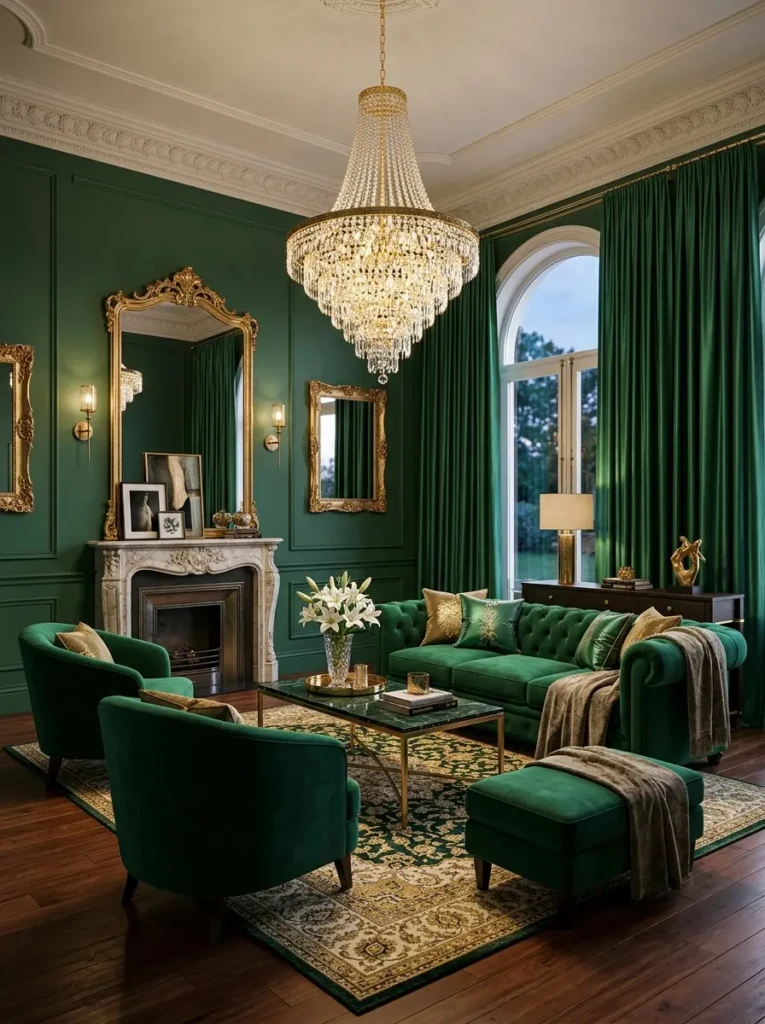 Glamorous interior showcasing emerald green velvet furniture, soft gold accents, statement lighting, and elegant decorative details.