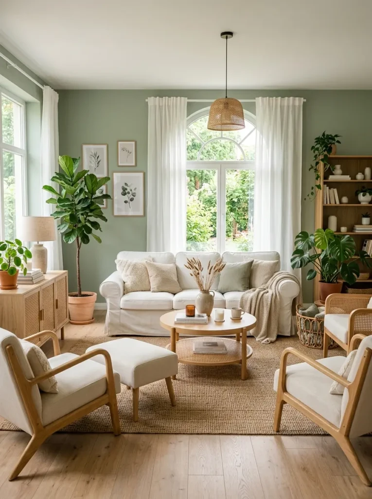 Airy living room with sage green walls, soft white furniture, rattan accents, indoor plants, and natural light creating a calm and refreshing space.