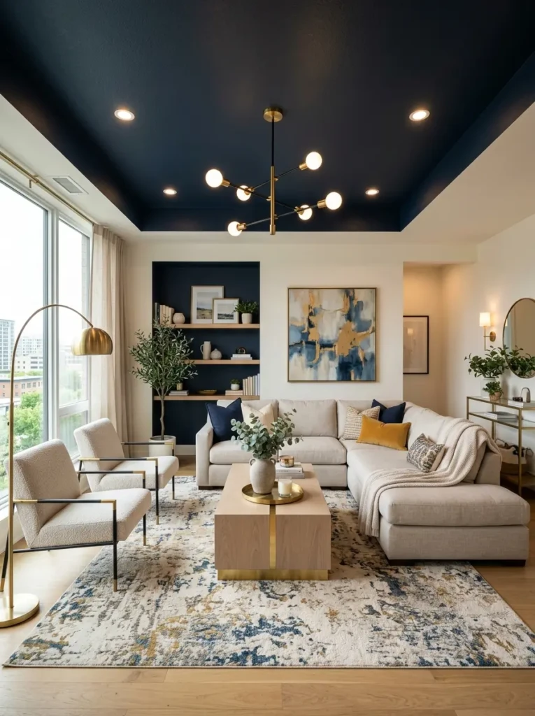 Modern living room with a navy ceiling, light furniture, and metallic accents.