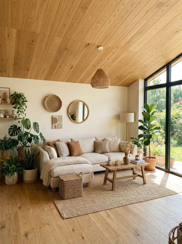 Bright Scandinavian-inspired living room featuring light oak ceiling panels and plants.