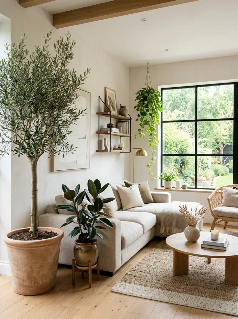 Living room decorated with oversized indoor plants creating a fresh and airy atmosphere.
