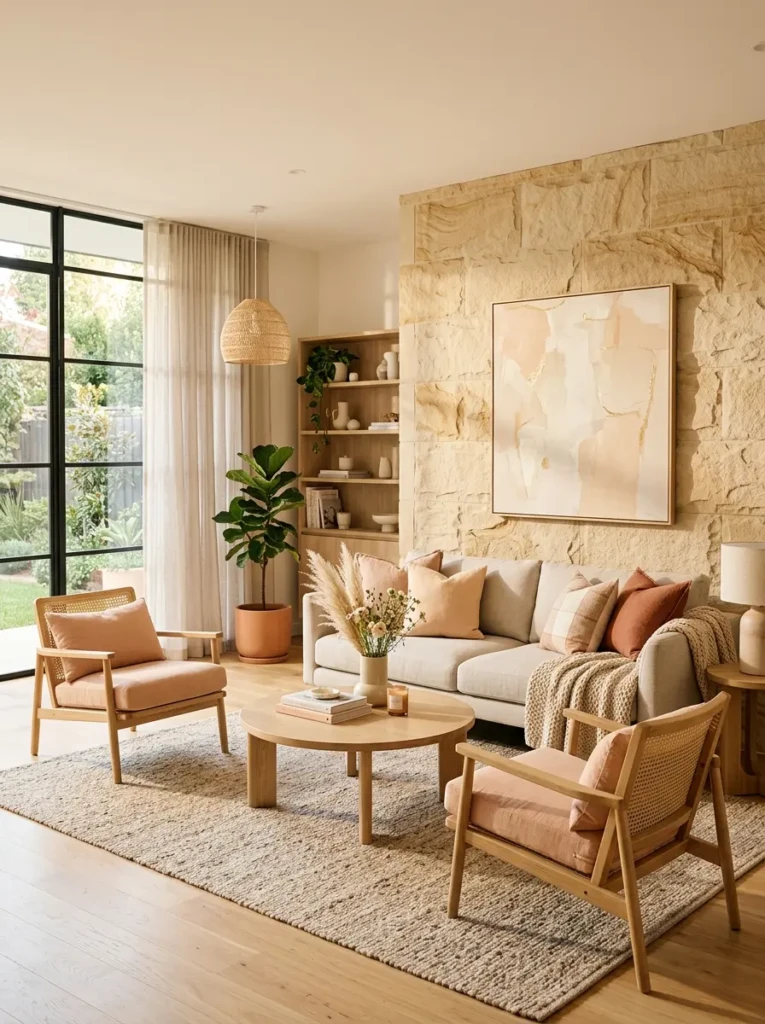 Cheerful living room featuring muted peach accents, sandstone walls, linen fabrics, and light wood furniture in warm natural light.