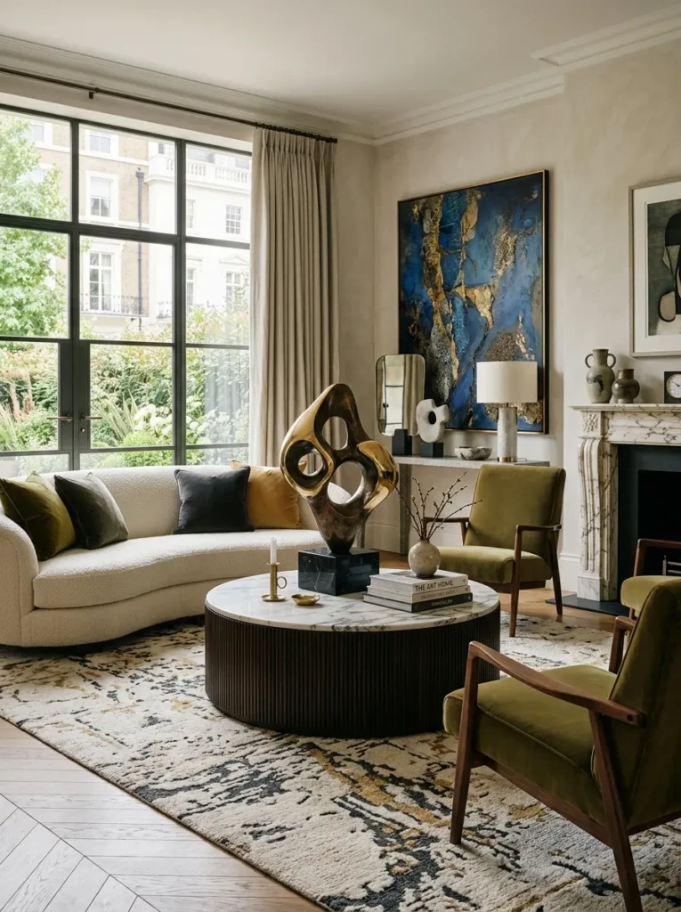 Sophisticated living room featuring a statement sculpture on a round coffee table.