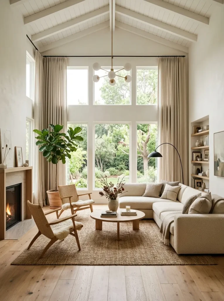 Bright living room featuring tall windows and elegant floor-length curtains.