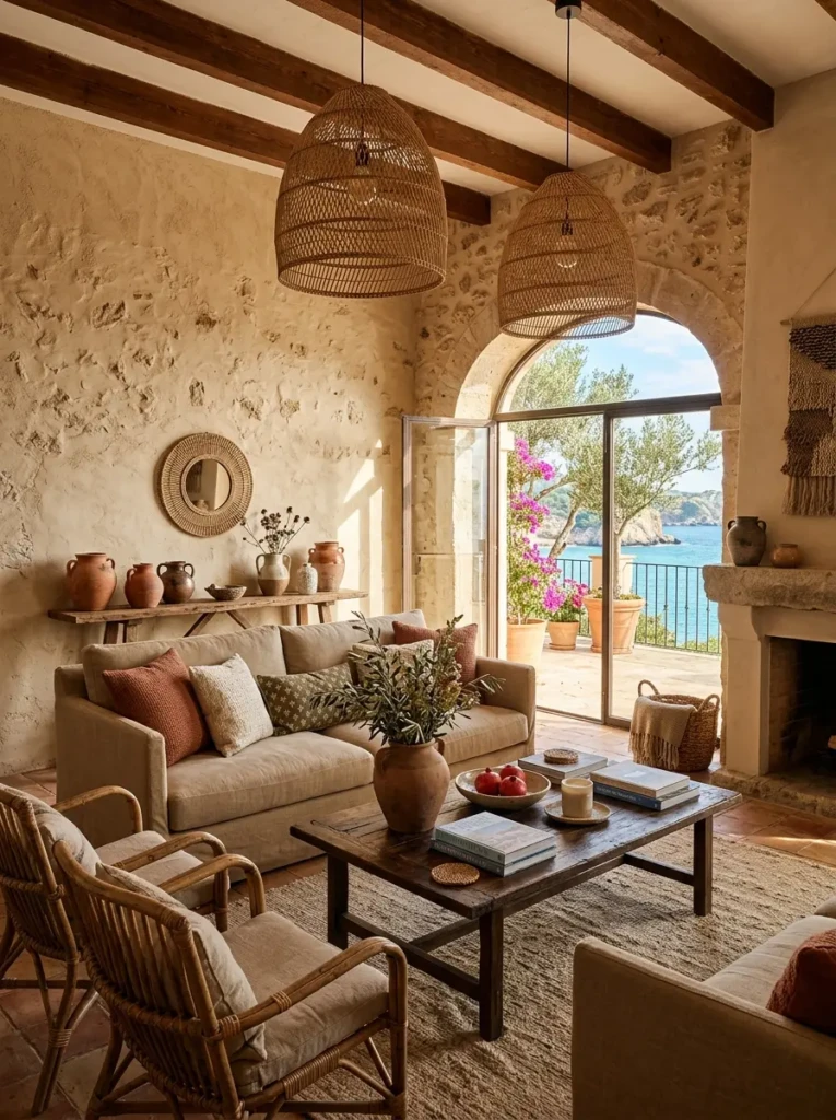 Warm Mediterranean-style interior showcasing terracotta accents, sandy beige furnishings, clay pottery, stone textures, and woven lighting.