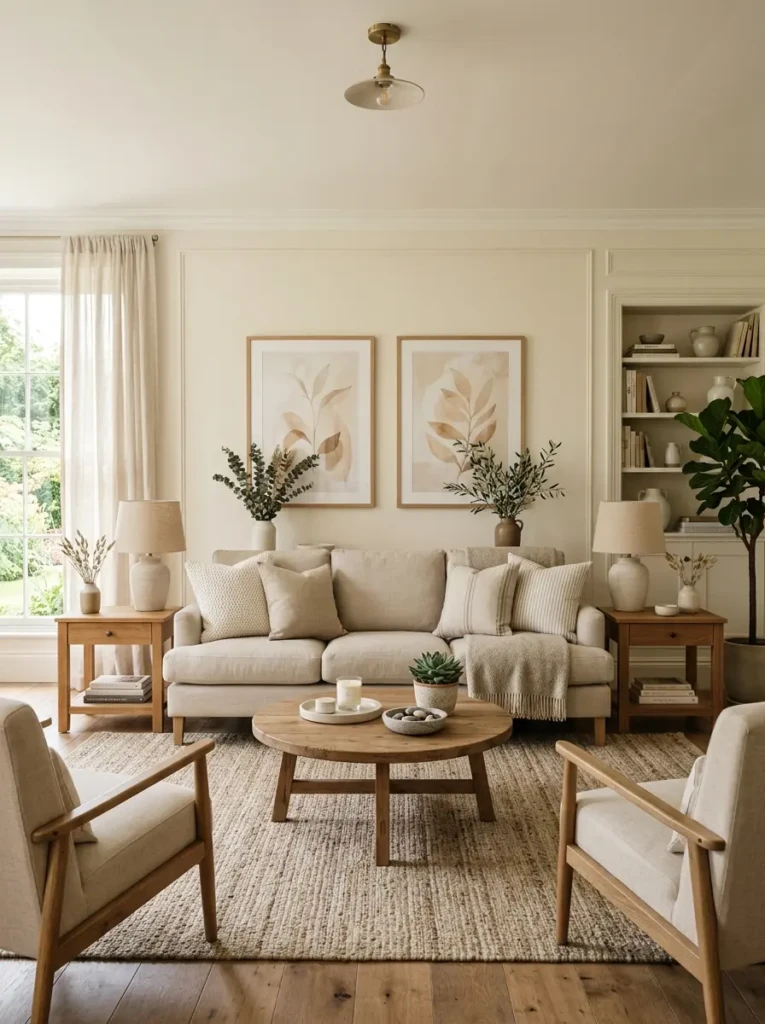 Elegant living room with symmetrical decor and a calming balanced design.
