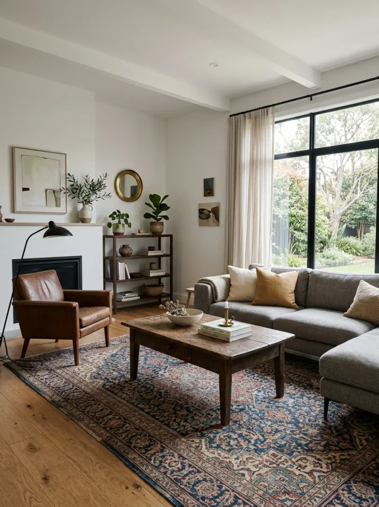 Modern living room featuring vintage rugs, antique tables, and elegant decor accents.
