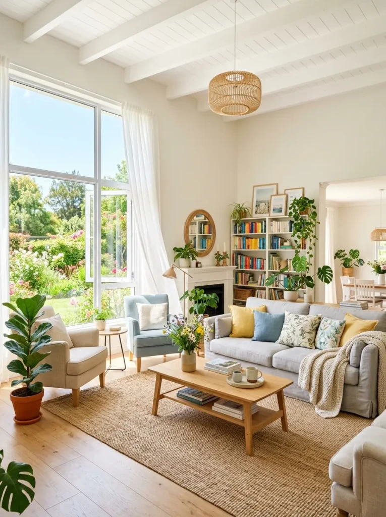 Mirrors and sheer curtains helping spread natural light throughout the room.