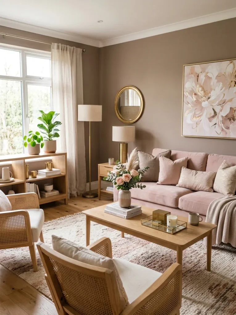 Stylish room featuring blush pink decor, warm taupe walls, light wood furniture, and subtle gold accents for a sophisticated look.