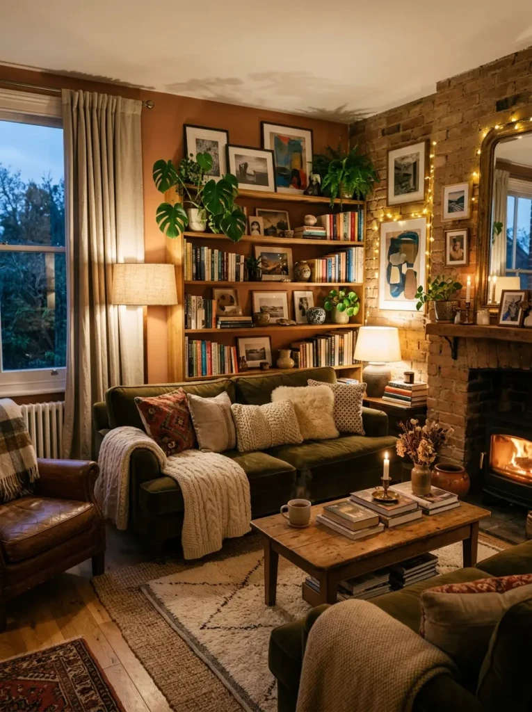 Mixed materials creating depth and visual interest in a living-dining room.