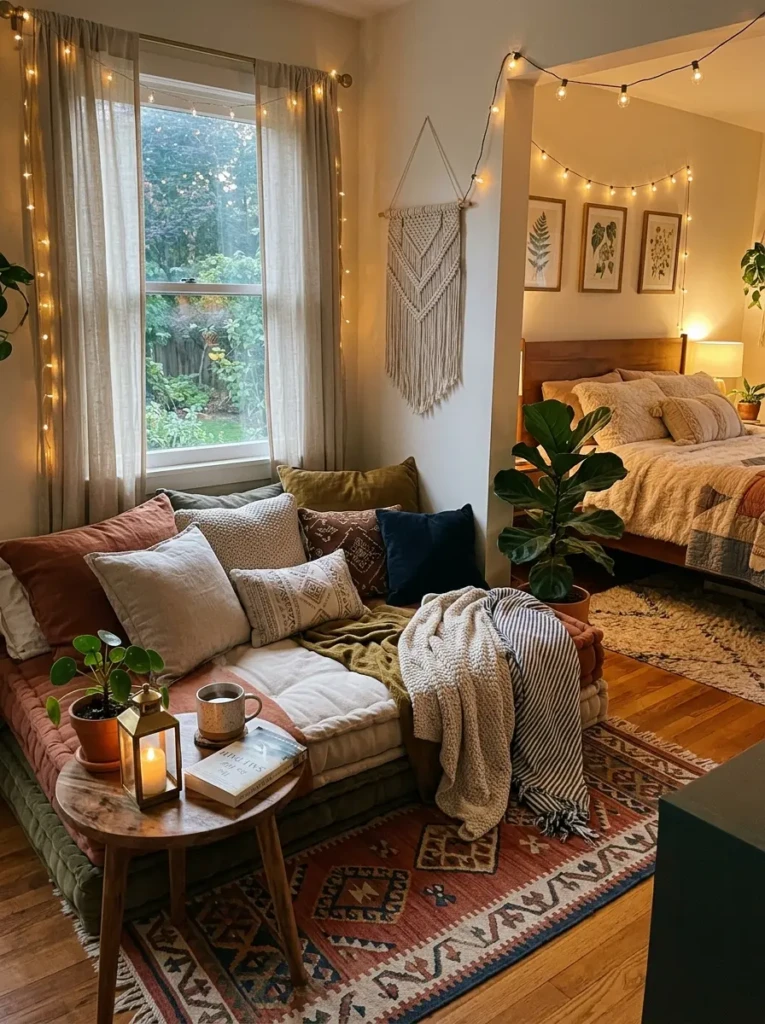 Comfortable seating area with floor cushions and warm lighting in a Y2K bedroom.
