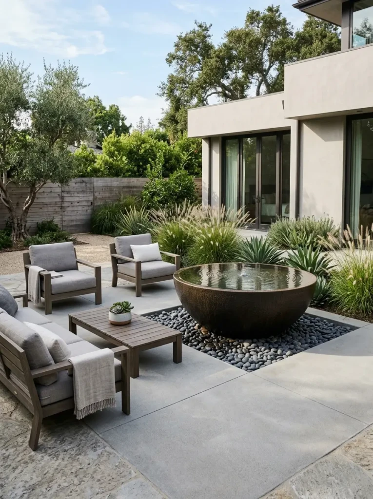 Contemporary minimalist patio with calming bowl fountain and natural stone accents.