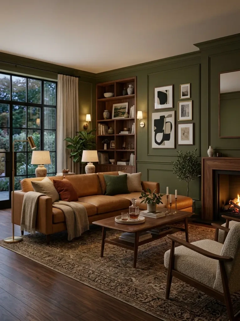 Elegant living room with olive green walls, camel leather seating, walnut wood furniture, and rich earthy textures.