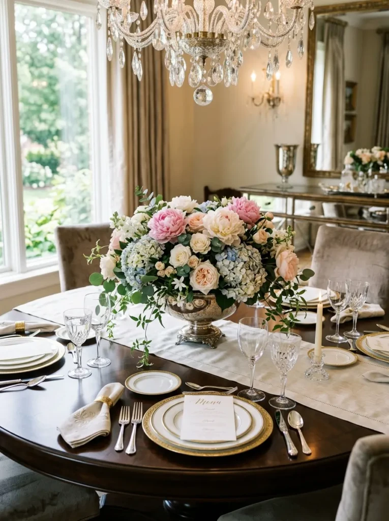 Low floral arrangement with roses and hydrangeas on a round dining table.