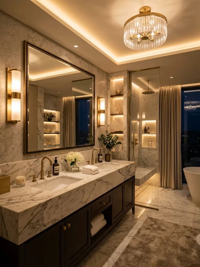 Elegant bathroom featuring layered lighting with ceiling fixtures, vanity lights, and warm ambient illumination