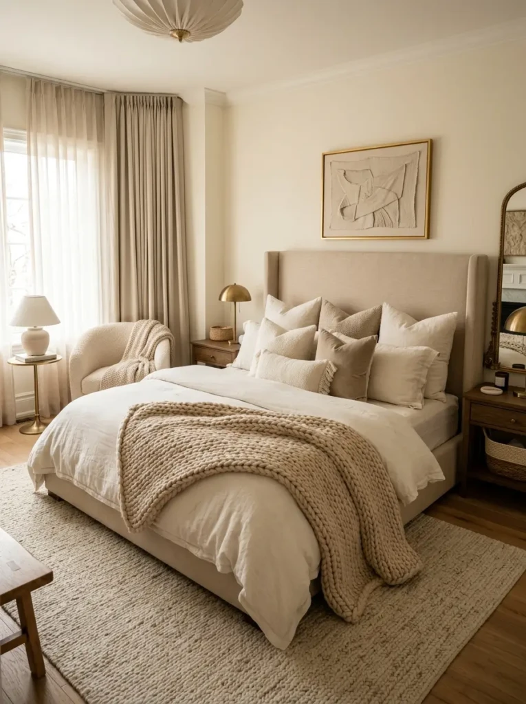 Luxurious bedroom with layered bedding, oversized pillows, and soft neutral textiles creating a cozy retreat.