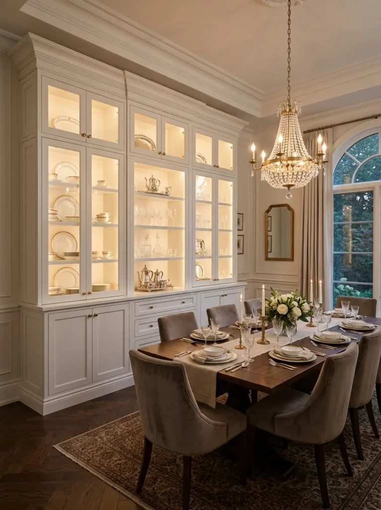 Floor-to-ceiling dining room built-ins with white cabinetry, glass-front cabinets, brass hardware, and elegant dining room decor.
