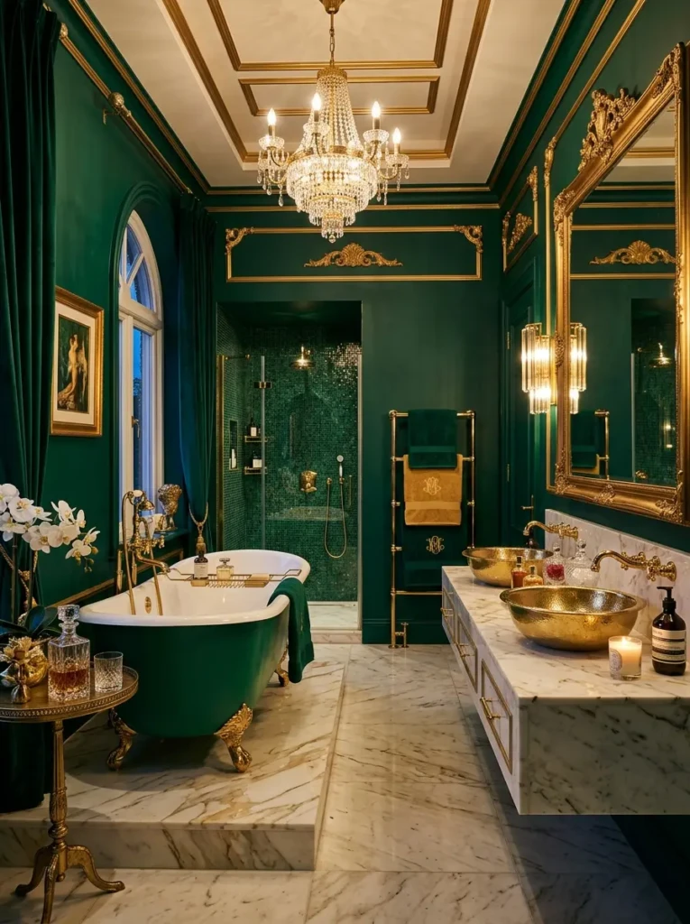Glamorous jewel-tone bathroom featuring emerald walls, gold accents, and sophisticated luxury details.