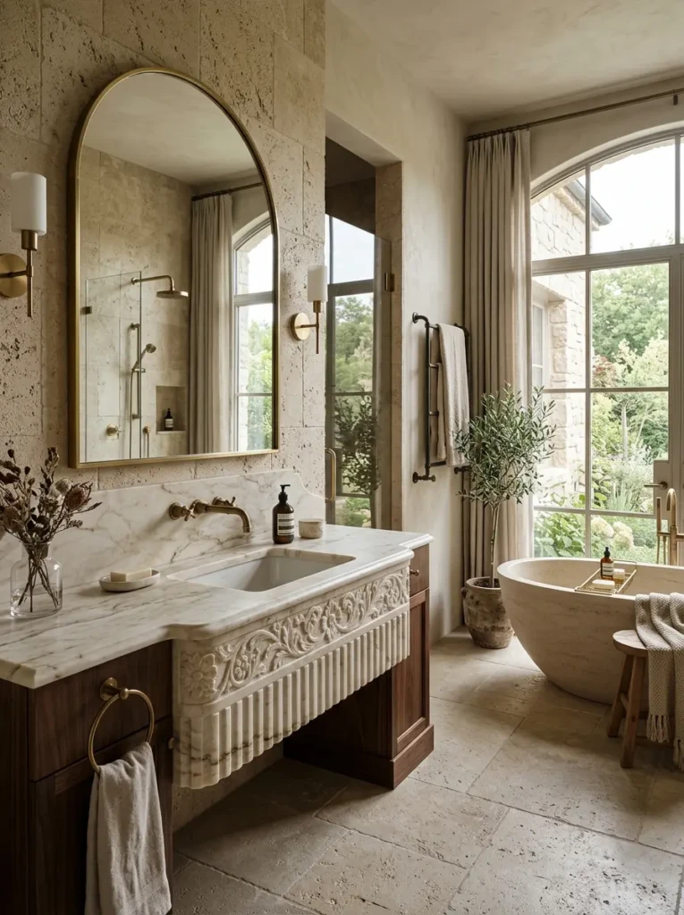 Elegant marble bathroom sink showcasing unique stone patterns and timeless luxury styling.