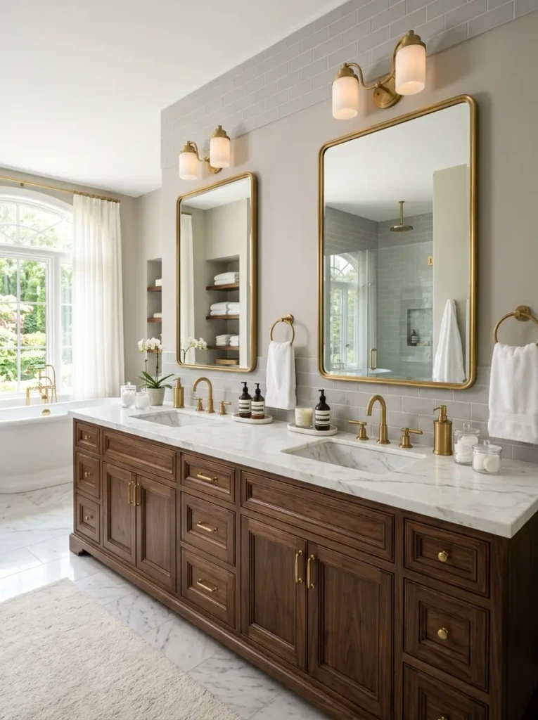 Spacious luxury bathroom with a double vanity, stone countertops, and premium brass fixtures.