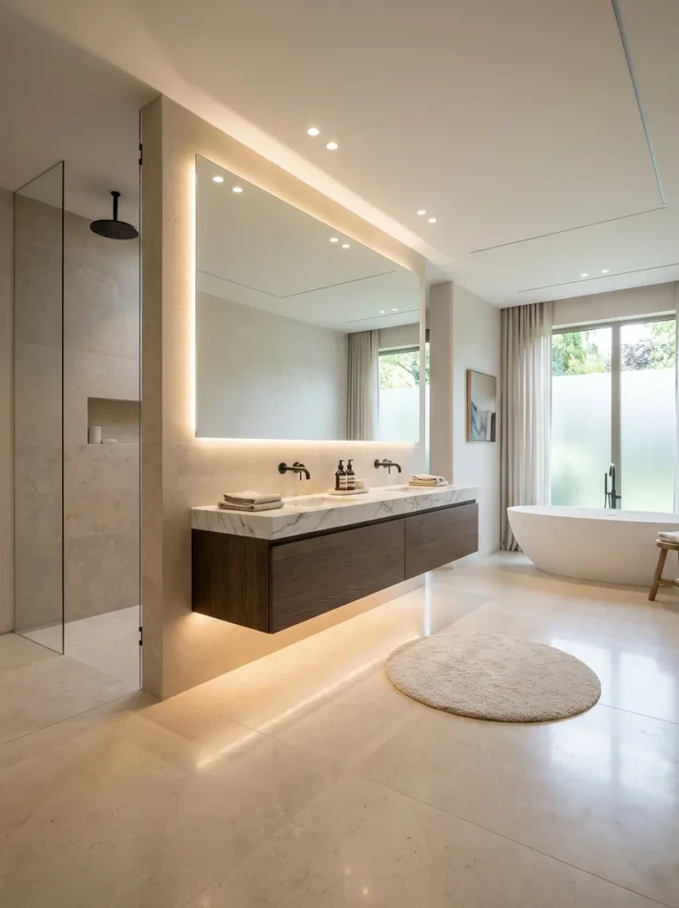 Contemporary bathroom with a floating vanity, under-cabinet lighting, and an open airy layout.