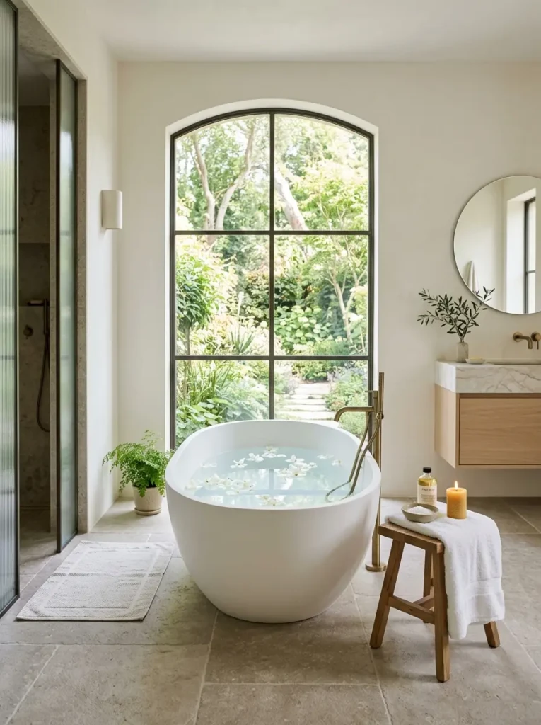Dreamy bathroom featuring a freestanding oval bathtub near a large window with soft natural light.