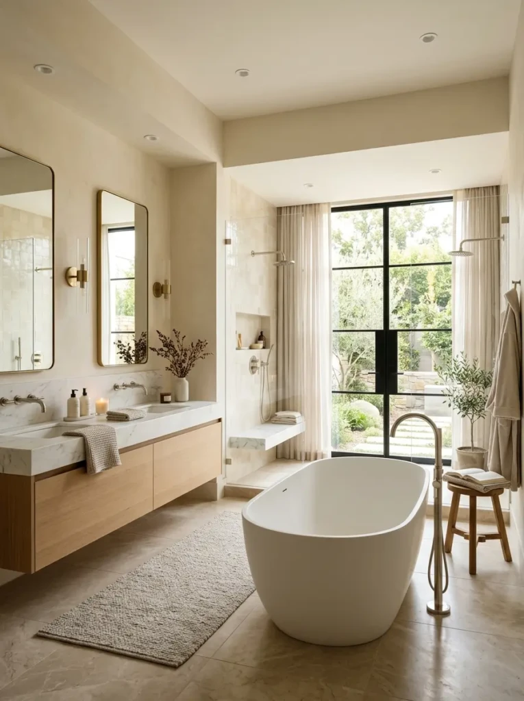 Serene luxury bathroom decorated in warm beige, ivory, and soft gray tones with an airy feel.