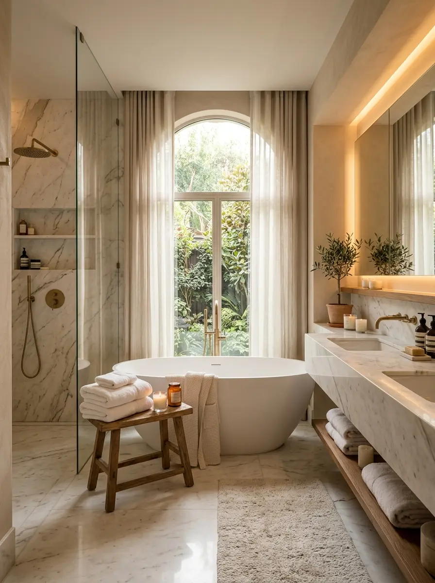Luxury bathroom with soft lighting, elegant marble finishes, plush textures, and a relaxing five-star spa atmosphere.